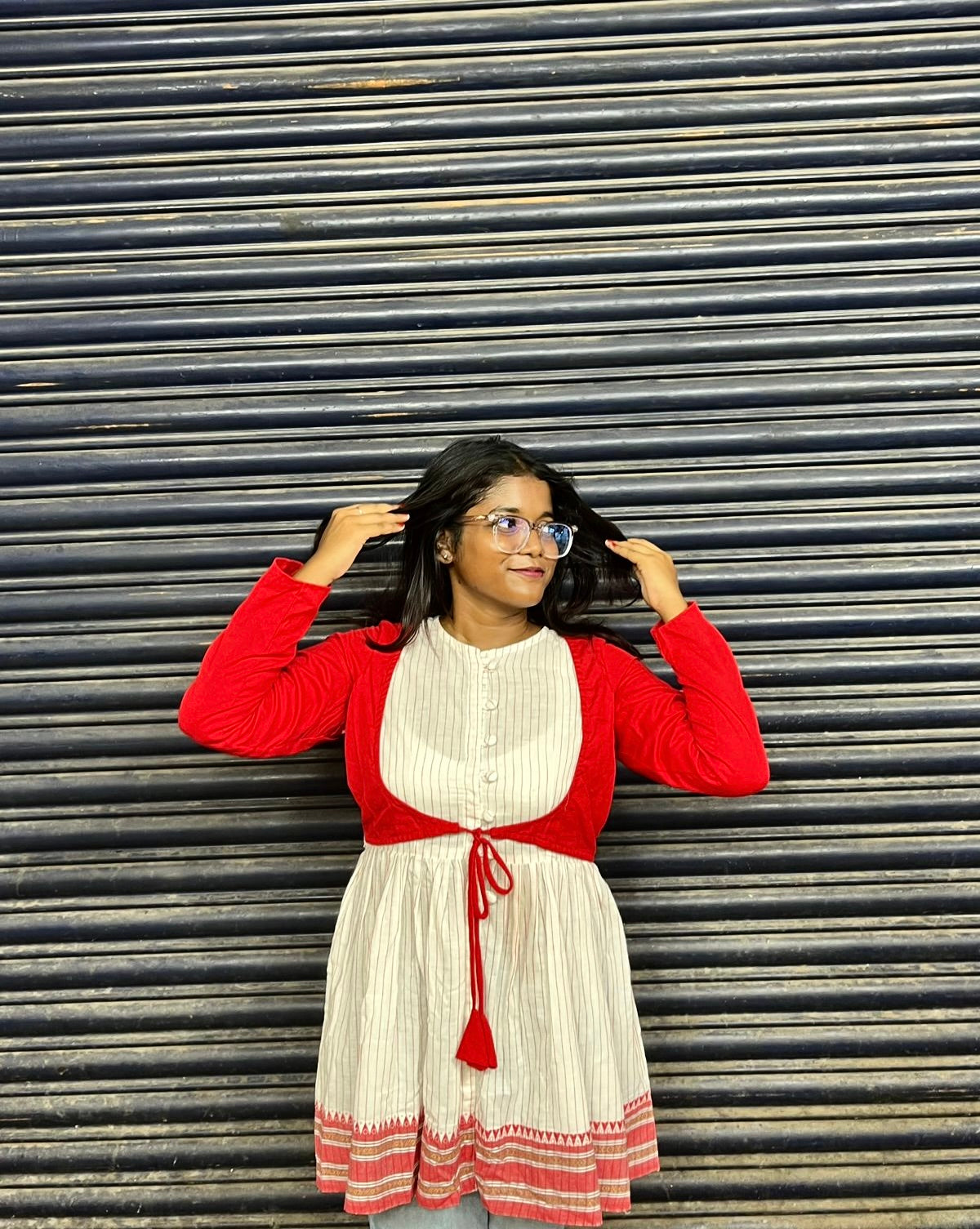 Bangla Jamdani White Red Kurti Dress