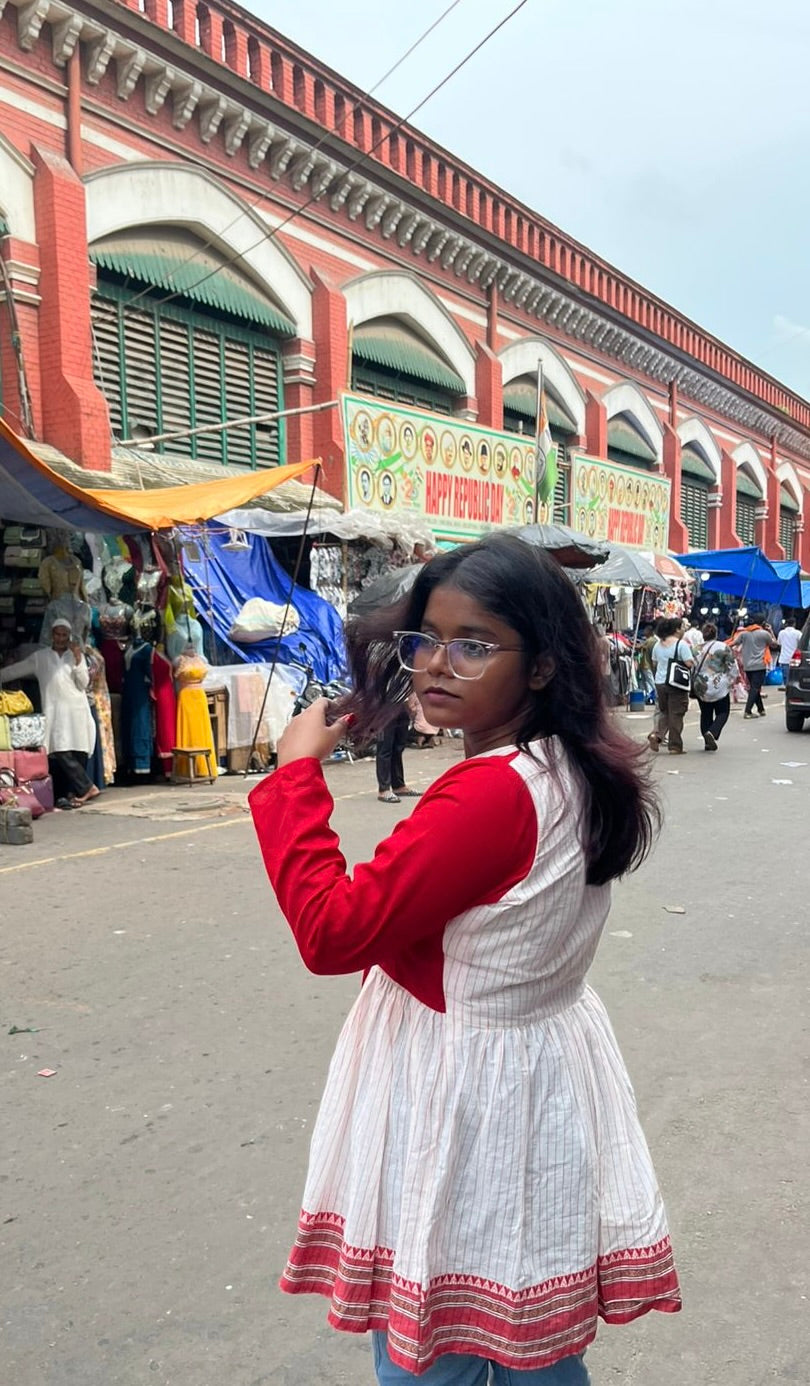 Bangla Jamdani White Red Kurti Dress