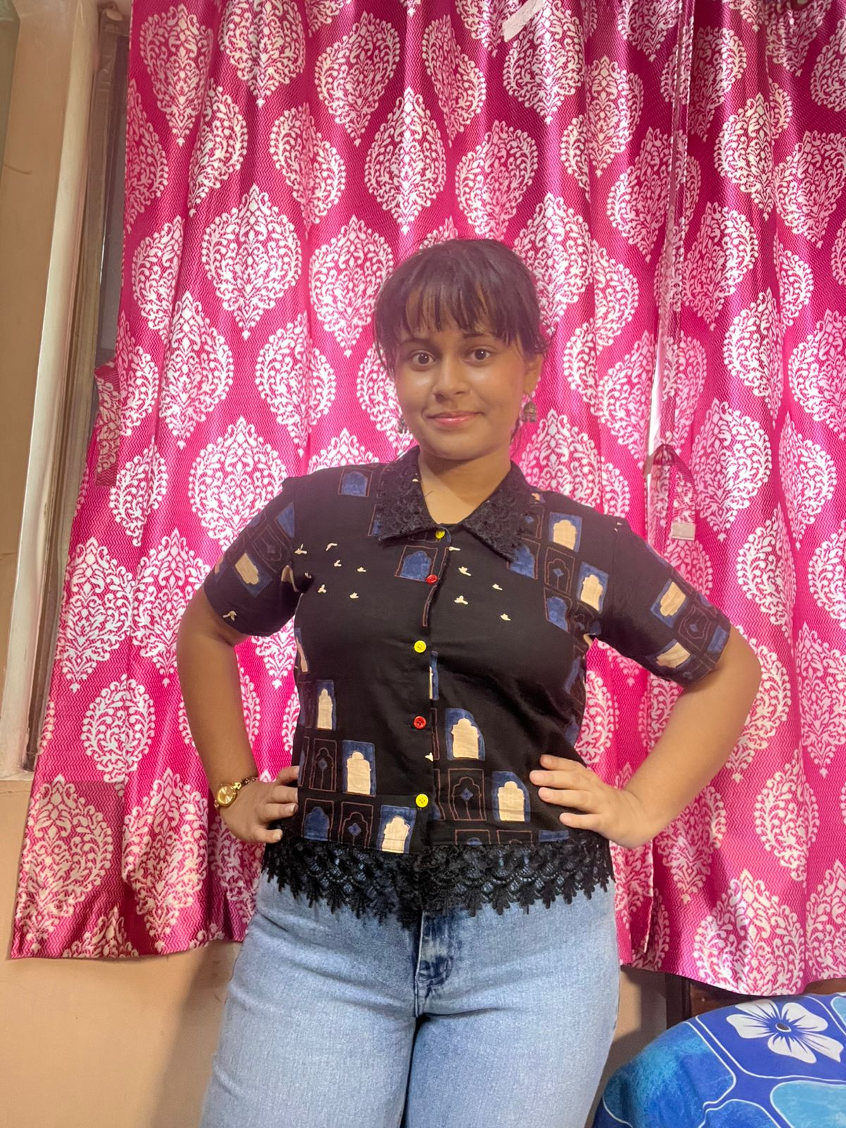 Quirky Printed Black Shirt with Lace Hem – Women’s Casual Boho Top