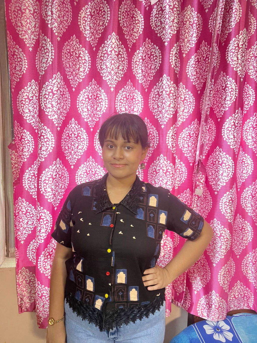 Quirky Printed Black Shirt with Lace Hem – Women’s Casual Boho Top