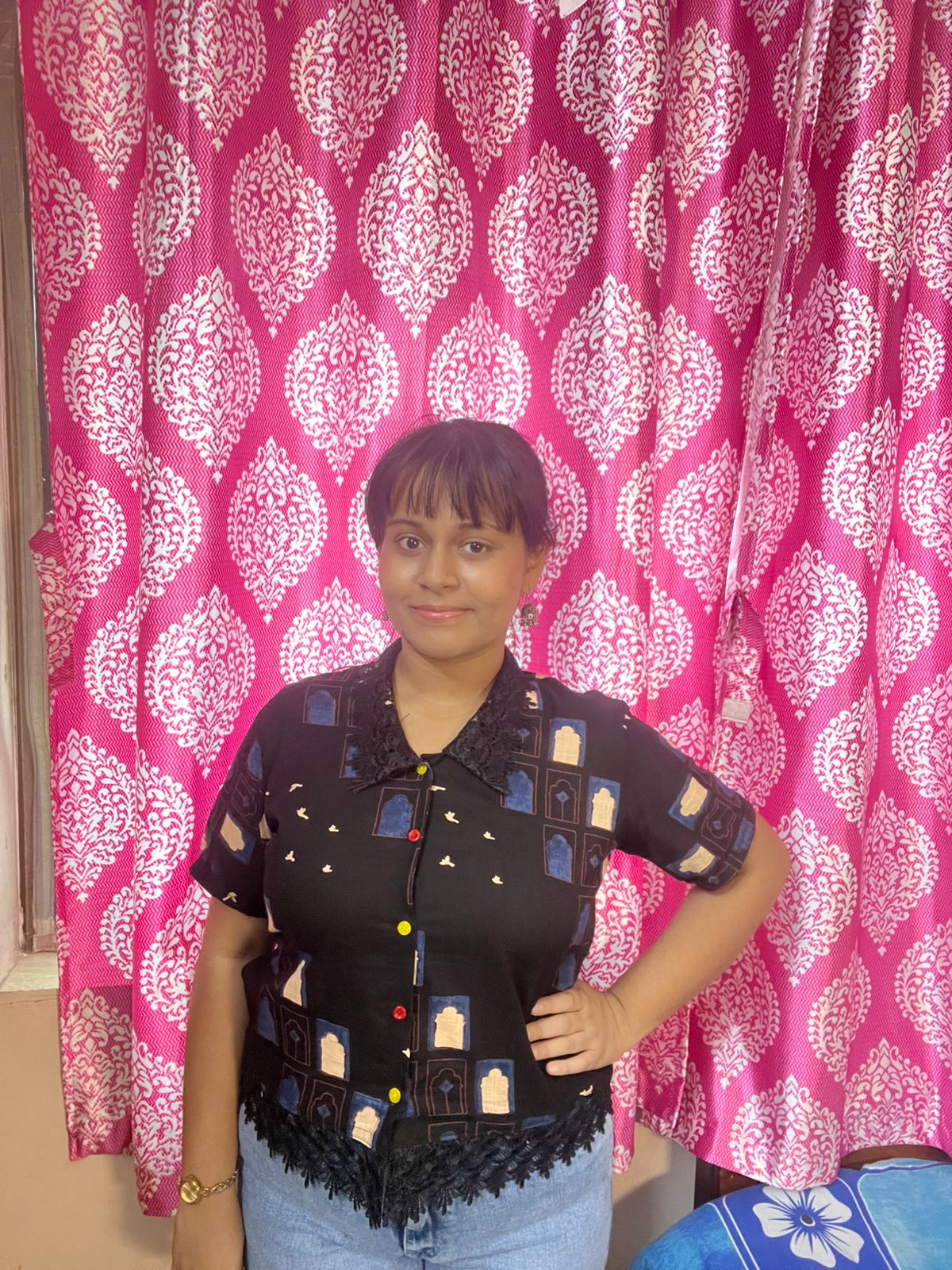 Quirky Printed Black Shirt with Lace Hem – Women’s Casual Boho Top